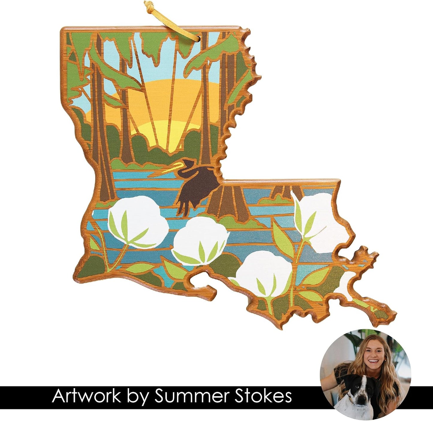North Carolina State Shaped Cutting Board, Summer Stokes Art | State charcuterie board with colorful hand-drawn landscape art. Smooth reverse side for food prep. Hang tie for wall display. - Colors B