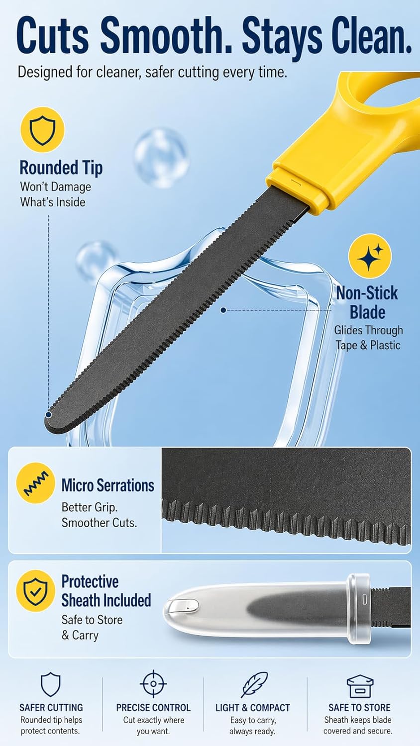 Cardboard Cutter with Protective Sheath, Non-Stick Teflon Coated Blade, Safety Micro-Serrated Stainless Steel Box Cutter Tool for Warehouse, Office & Home Use