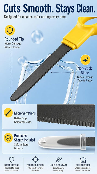 Cardboard Cutter with Protective Sheath, Non-Stick Teflon Coated Blade, Safety Micro-Serrated Stainless Steel Box Cutter Tool for Warehouse, Office & Home Use