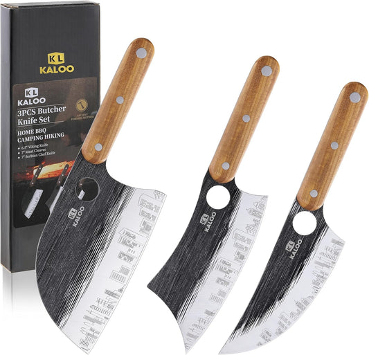 3 PCS Butcher Knife Set, Kaloo 7" Butcher Meat Cleaver, 7" Serbian Chef Knife and 6.5" Viking Knife, Hand Forged Butcher Knives with Wood Handle for Home, Outdoor Cooking, Camping BBQ