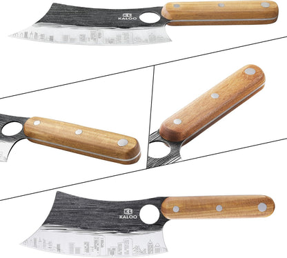 3 PCS Butcher Knife Set, Kaloo 7" Butcher Meat Cleaver, 7" Serbian Chef Knife and 6.5" Viking Knife, Hand Forged Butcher Knives with Wood Handle for Home, Outdoor Cooking, Camping BBQ