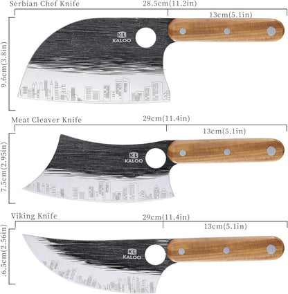 3 PCS Butcher Knife Set, Kaloo 7" Butcher Meat Cleaver, 7" Serbian Chef Knife and 6.5" Viking Knife, Hand Forged Butcher Knives with Wood Handle for Home, Outdoor Cooking, Camping BBQ