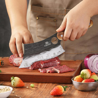 3 PCS Butcher Knife Set, Kaloo 7" Butcher Meat Cleaver, 7" Serbian Chef Knife and 6.5" Viking Knife, Hand Forged Butcher Knives with Wood Handle for Home, Outdoor Cooking, Camping BBQ