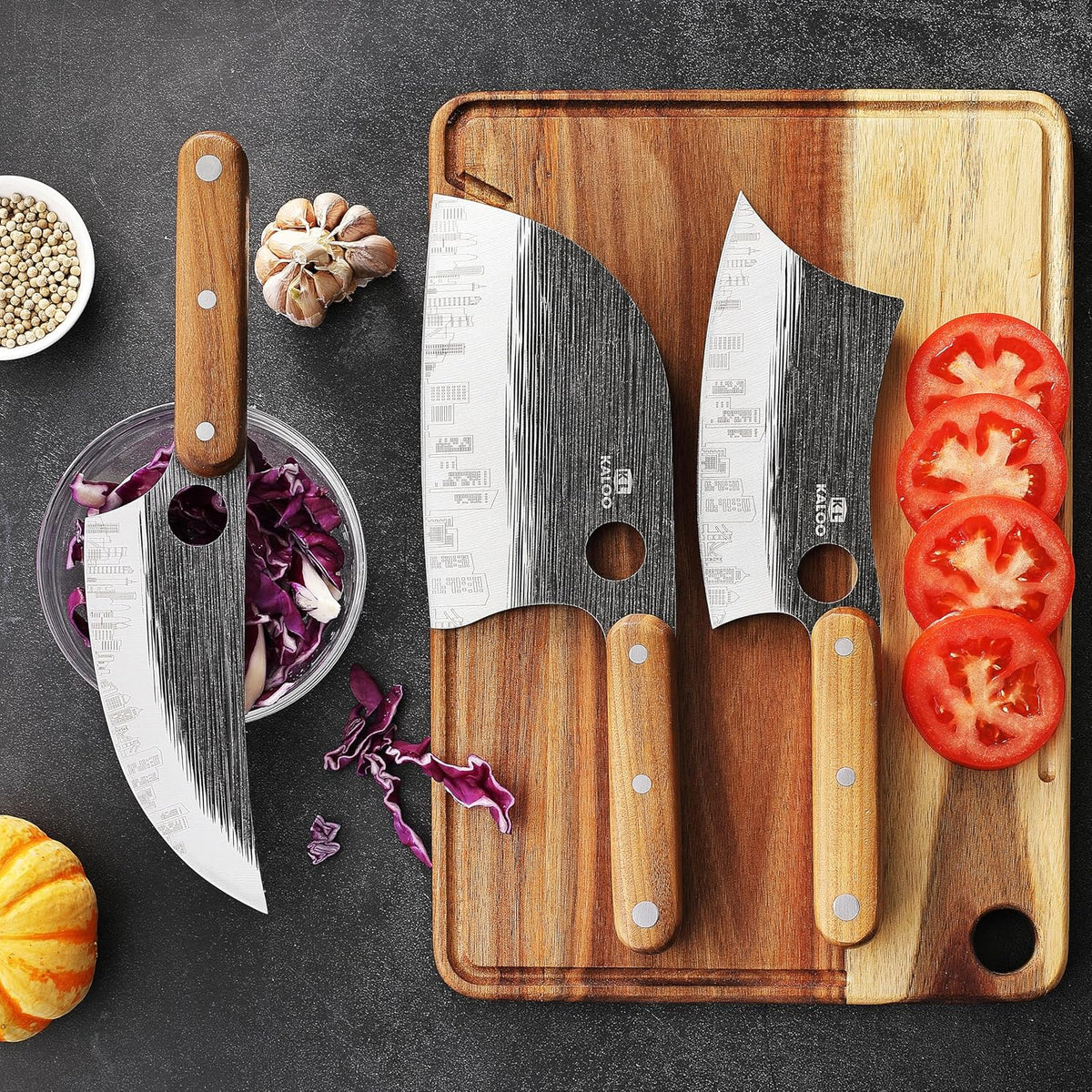 3 PCS Butcher Knife Set, Kaloo 7" Butcher Meat Cleaver, 7" Serbian Chef Knife and 6.5" Viking Knife, Hand Forged Butcher Knives with Wood Handle for Home, Outdoor Cooking, Camping BBQ