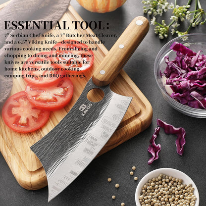 3 PCS Butcher Knife Set, Kaloo 7" Butcher Meat Cleaver, 7" Serbian Chef Knife and 6.5" Viking Knife, Hand Forged Butcher Knives with Wood Handle for Home, Outdoor Cooking, Camping BBQ