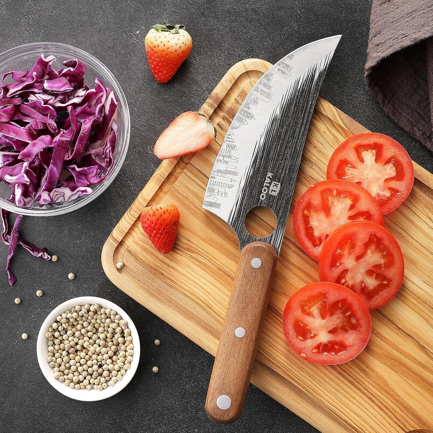 3 PCS Butcher Knife Set, Kaloo 7" Butcher Meat Cleaver, 7" Serbian Chef Knife and 6.5" Viking Knife, Hand Forged Butcher Knives with Wood Handle for Home, Outdoor Cooking, Camping BBQ