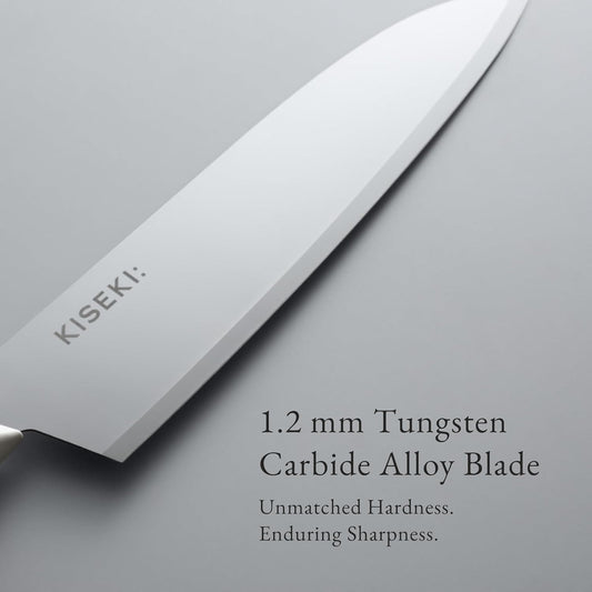 KISEKI: 7.1 Inch Santoku Japanese Chef's Knife, 1.2 mm Tungsten Carbide Alloy Blade, Ergonomic Yamazakura Cherry Wood Handle, Rust Resistant, Made in Japan