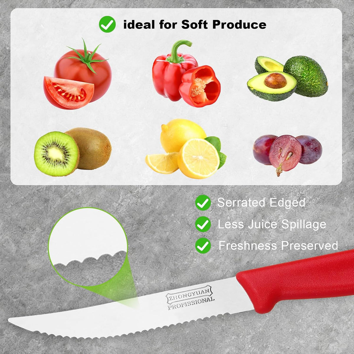 3-Pack Tomato Knife with Premium Serrated Stainless Steel Blade, 4.1" Sharp Tomato Knives & Onion Cutter, Ergonomic Plastic Handle for Slicing Vegetables, Bread, Steak, Fruit and Meat