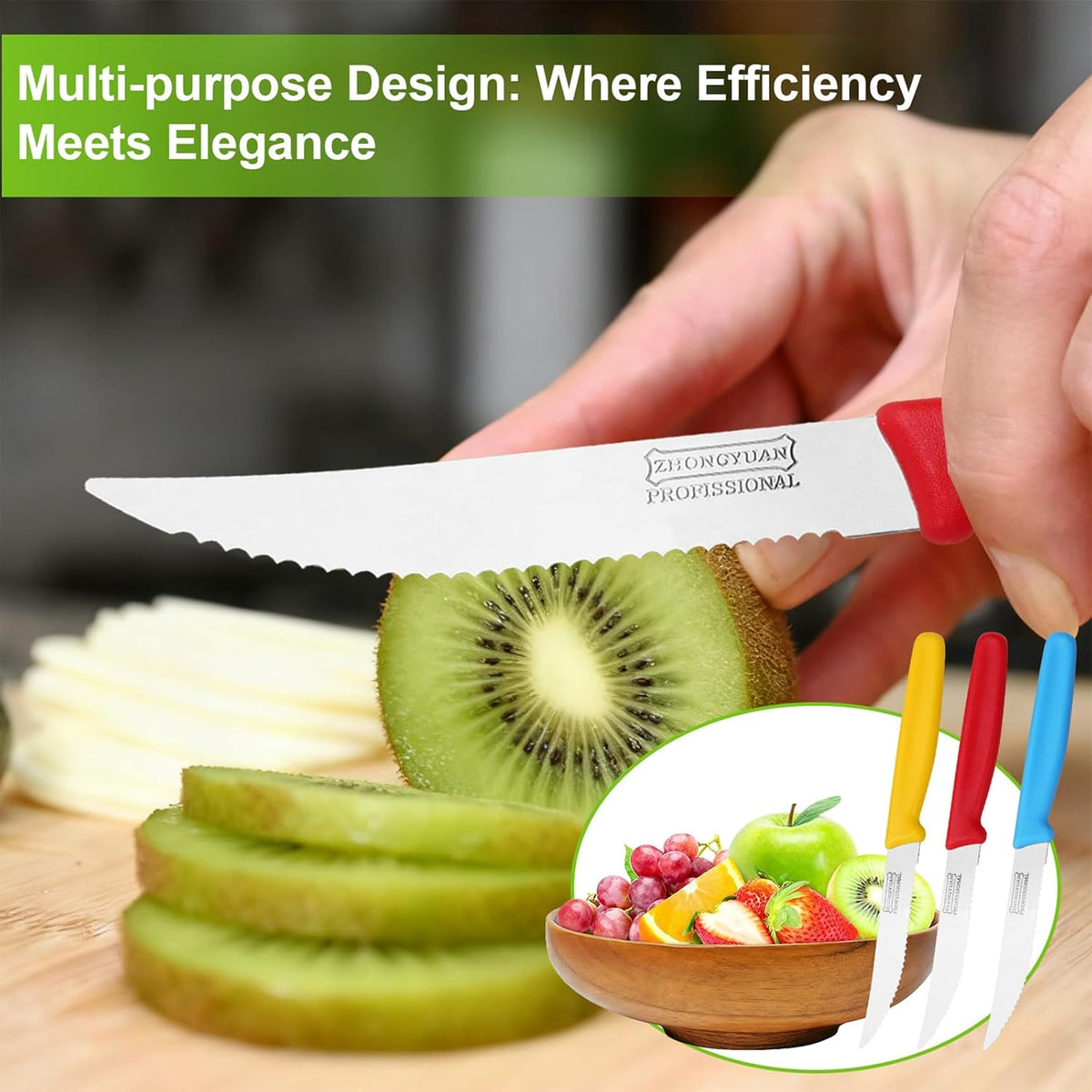 3-Pack Tomato Knife with Premium Serrated Stainless Steel Blade, 4.1" Sharp Tomato Knives & Onion Cutter, Ergonomic Plastic Handle for Slicing Vegetables, Bread, Steak, Fruit and Meat