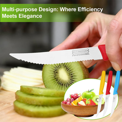 3-Pack Tomato Knife with Premium Serrated Stainless Steel Blade, 4.1" Sharp Tomato Knives & Onion Cutter, Ergonomic Plastic Handle for Slicing Vegetables, Bread, Steak, Fruit and Meat