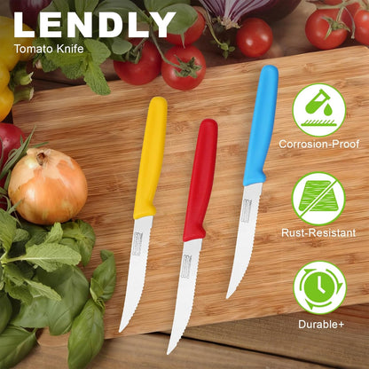3-Pack Tomato Knife with Premium Serrated Stainless Steel Blade, 4.1" Sharp Tomato Knives & Onion Cutter, Ergonomic Plastic Handle for Slicing Vegetables, Bread, Steak, Fruit and Meat