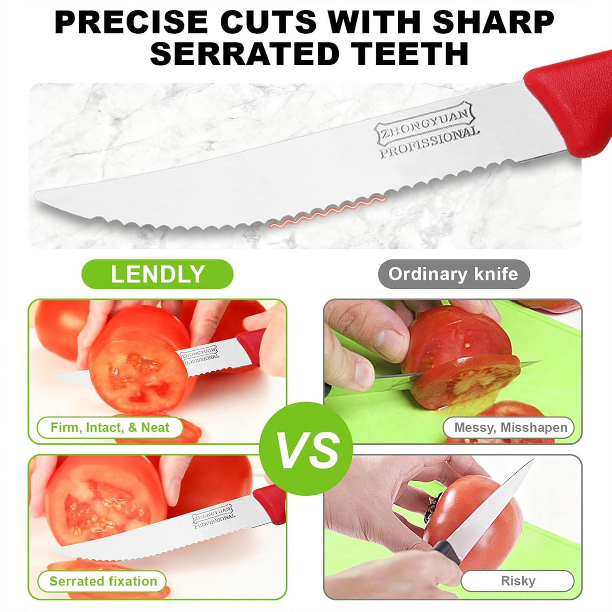 3-Pack Tomato Knife with Premium Serrated Stainless Steel Blade, 4.1" Sharp Tomato Knives & Onion Cutter, Ergonomic Plastic Handle for Slicing Vegetables, Bread, Steak, Fruit and Meat