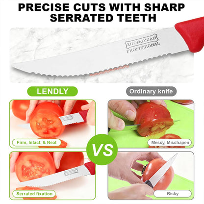 3-Pack Tomato Knife with Premium Serrated Stainless Steel Blade, 4.1" Sharp Tomato Knives & Onion Cutter, Ergonomic Plastic Handle for Slicing Vegetables, Bread, Steak, Fruit and Meat