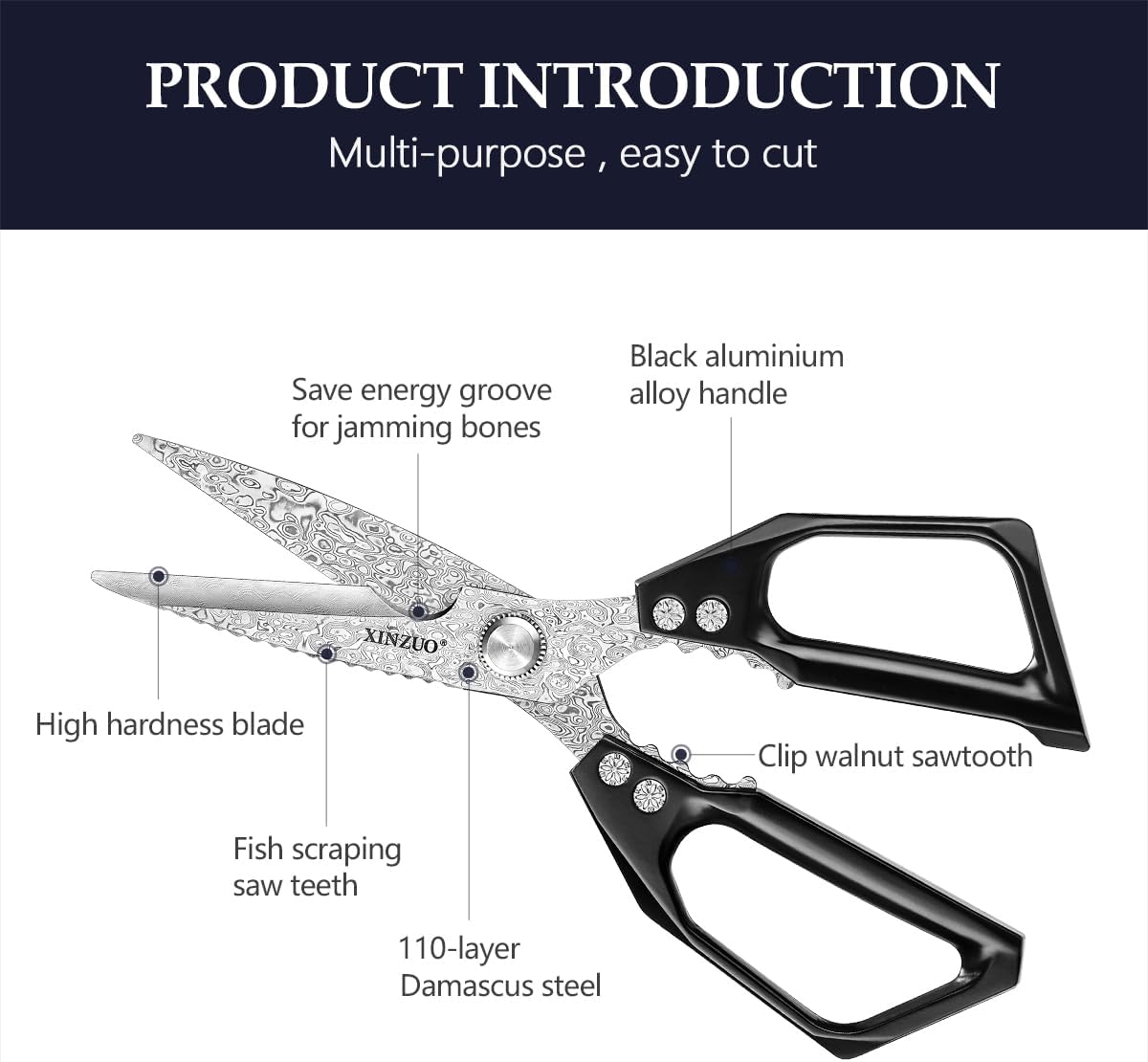 Sharp Kitchen Scissors with Black Handle,110 Layers Damascus Steel Multipurpose Heavy Duty Kitchen Shears for Poultry/Vegetables/Fish/Nuts