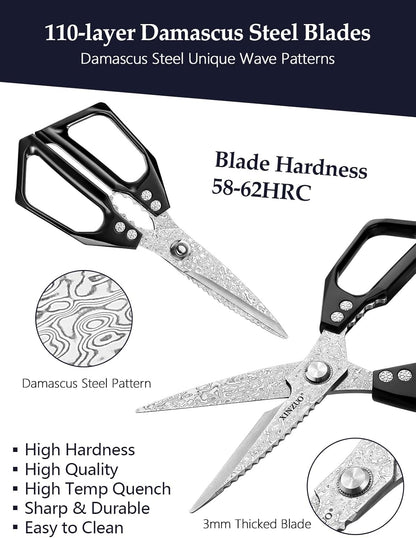 Sharp Kitchen Scissors with Black Handle,110 Layers Damascus Steel Multipurpose Heavy Duty Kitchen Shears for Poultry/Vegetables/Fish/Nuts
