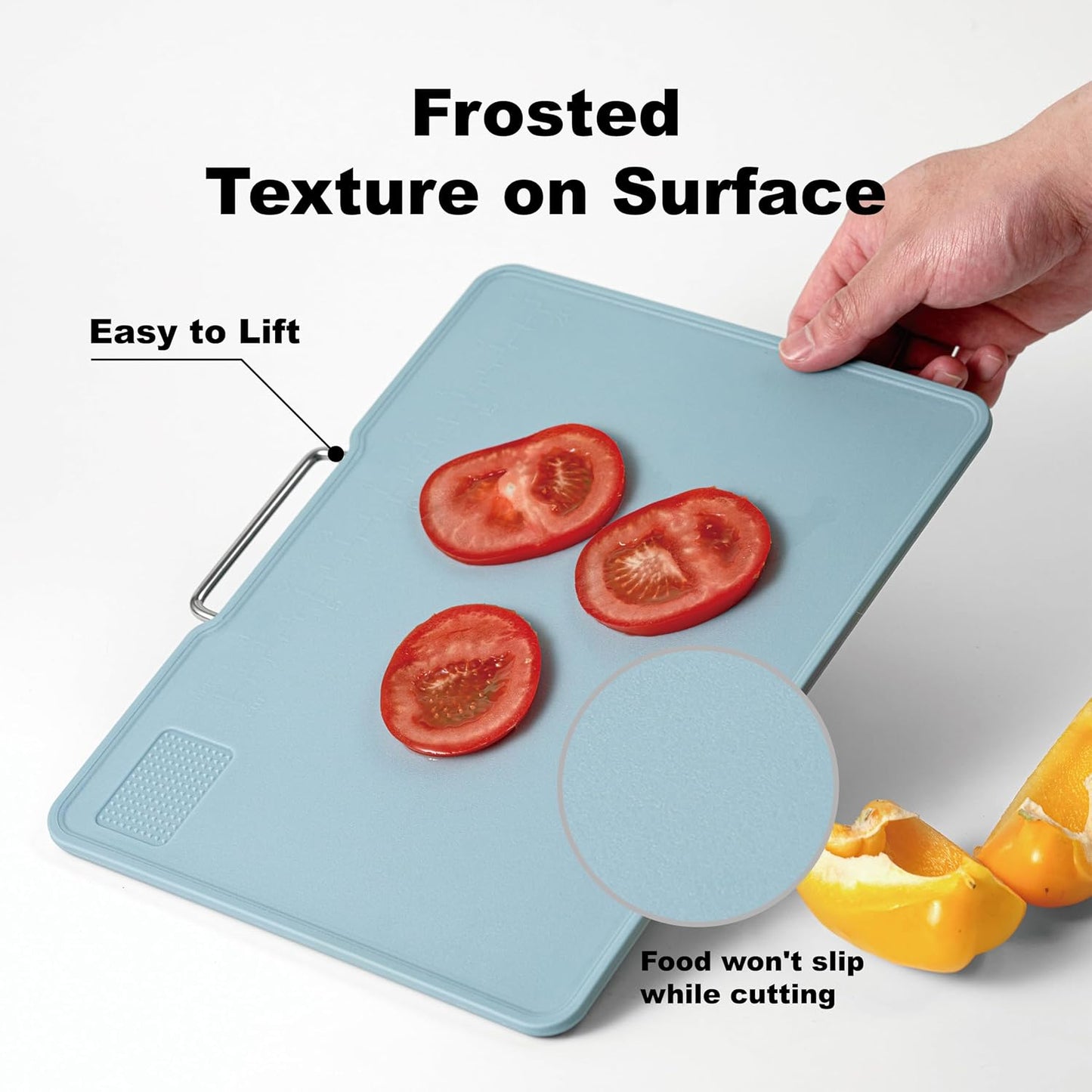 Plastic Cutting Boards with Grinding Area and Measurement, Cutting Boards for Kitchen Dishwasher Safe, Set of 3 with Holder, Non-Slip Design, Stainless Steel Handle, Blue