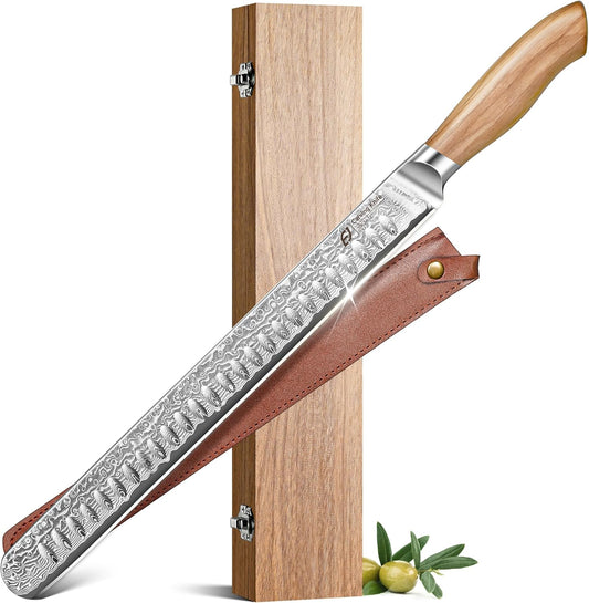 Damascus Brisket Slicing Knife, 12" Carving Knife with Japanese Steel, Olive Wood Handle, Luxury Wooden Gift Box, Razor Sharp for Meat & Turkey