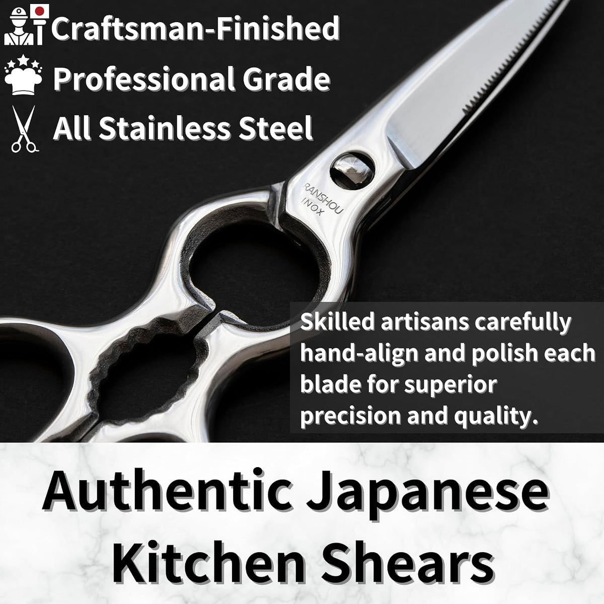 Japanese Kitchen Shears All Purpose 8" Heavy Duty Food Scissors Come Apart Blade, All Metal Japanese Stainless Steel, Made in Japan