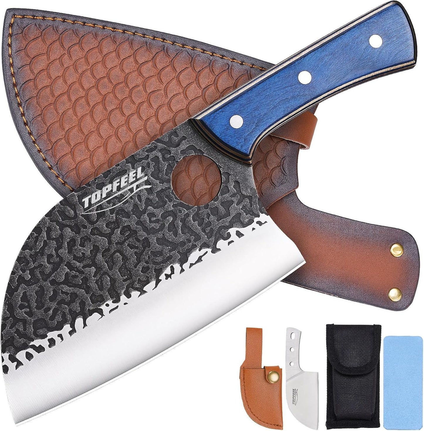 6.8Inch Serbian Chef Knife- Meat Cleaver, Butcher Knife set with Leather Sheath and Whetstone, Kitchen Knives for Home, Camping, BBQ