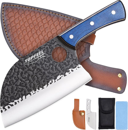 6.8Inch Serbian Chef Knife- Meat Cleaver, Butcher Knife set with Leather Sheath and Whetstone, Kitchen Knives for Home, Camping, BBQ