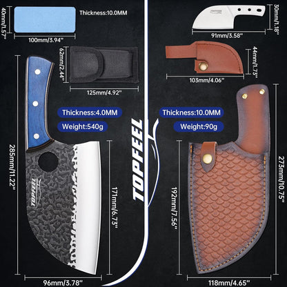 6.8Inch Serbian Chef Knife- Meat Cleaver, Butcher Knife set with Leather Sheath and Whetstone, Kitchen Knives for Home, Camping, BBQ