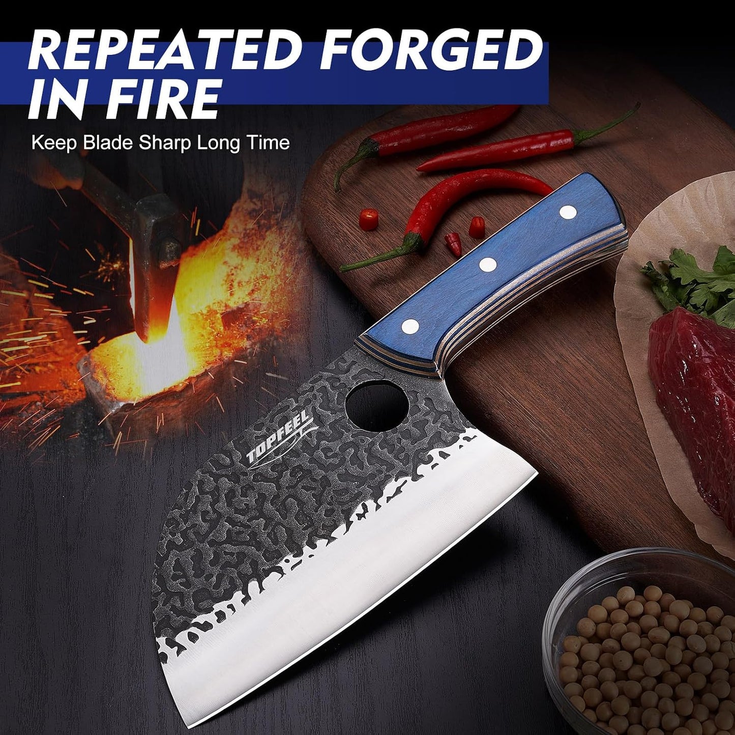 6.8Inch Serbian Chef Knife- Meat Cleaver, Butcher Knife set with Leather Sheath and Whetstone, Kitchen Knives for Home, Camping, BBQ
