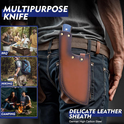 6.8Inch Serbian Chef Knife- Meat Cleaver, Butcher Knife set with Leather Sheath and Whetstone, Kitchen Knives for Home, Camping, BBQ