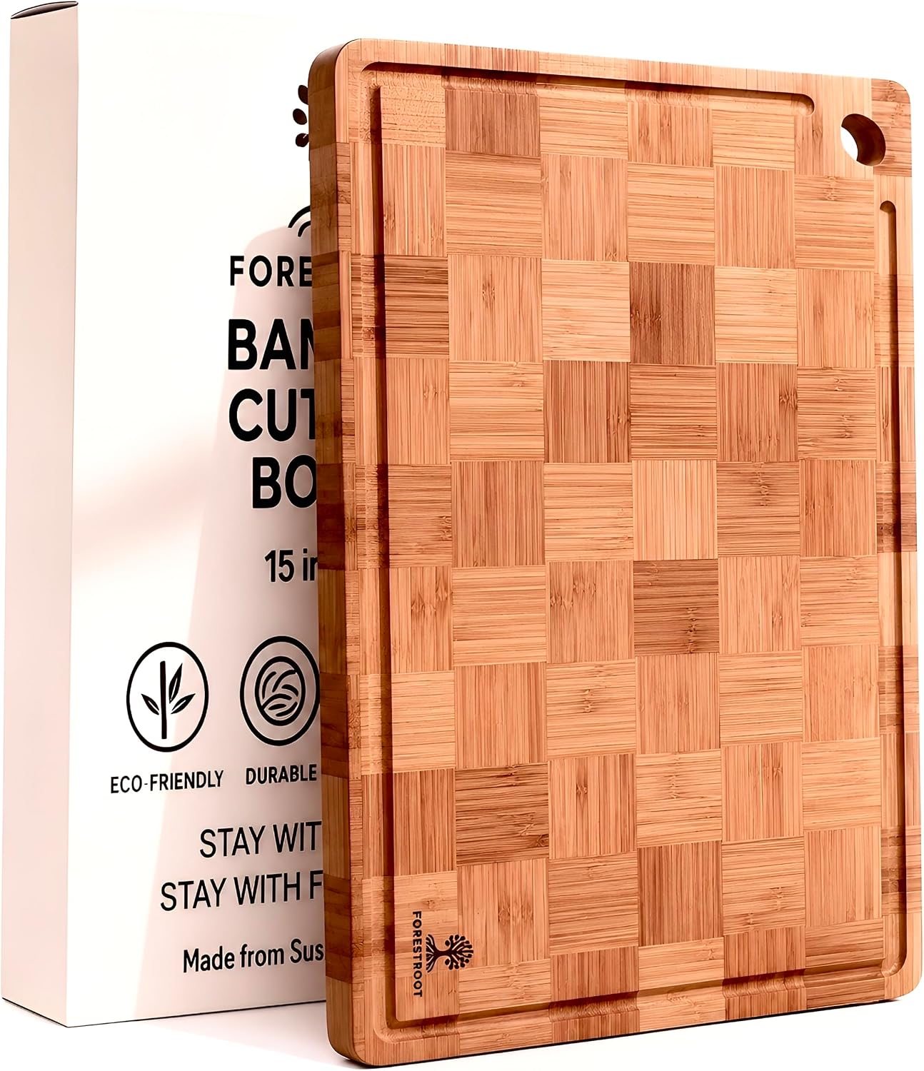 Premium End Grain Bamboo Cutting Board for Kitchen, 15 x 10 Inch Heavy Duty Butcher Block with Juice Groove, Built-In Handle, Hanging Hole & Reversible Design for Meat, Vegetables & Fruits