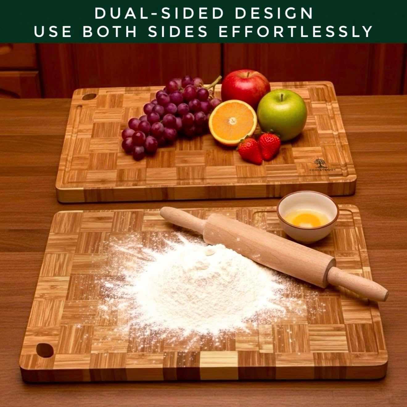 Premium End Grain Bamboo Cutting Board for Kitchen, 15 x 10 Inch Heavy Duty Butcher Block with Juice Groove, Built-In Handle, Hanging Hole & Reversible Design for Meat, Vegetables & Fruits