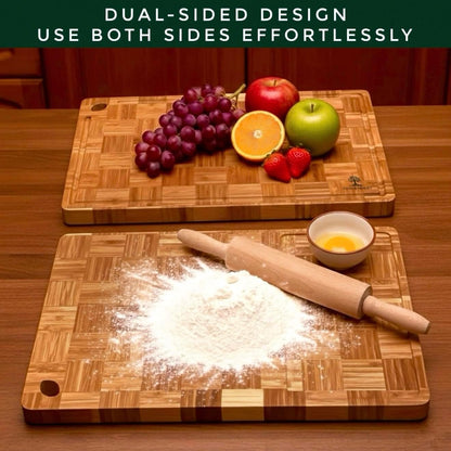 Premium End Grain Bamboo Cutting Board for Kitchen, 15 x 10 Inch Heavy Duty Butcher Block with Juice Groove, Built-In Handle, Hanging Hole & Reversible Design for Meat, Vegetables & Fruits