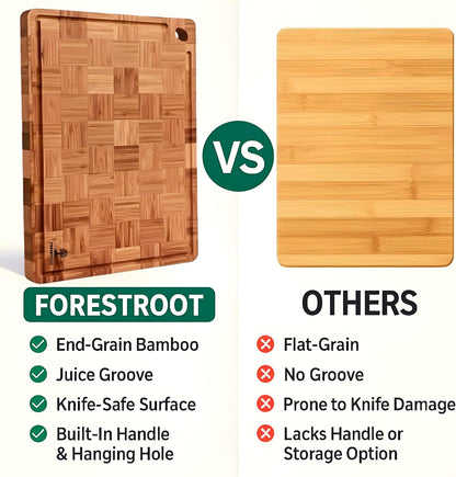 Premium End Grain Bamboo Cutting Board for Kitchen, 15 x 10 Inch Heavy Duty Butcher Block with Juice Groove, Built-In Handle, Hanging Hole & Reversible Design for Meat, Vegetables & Fruits