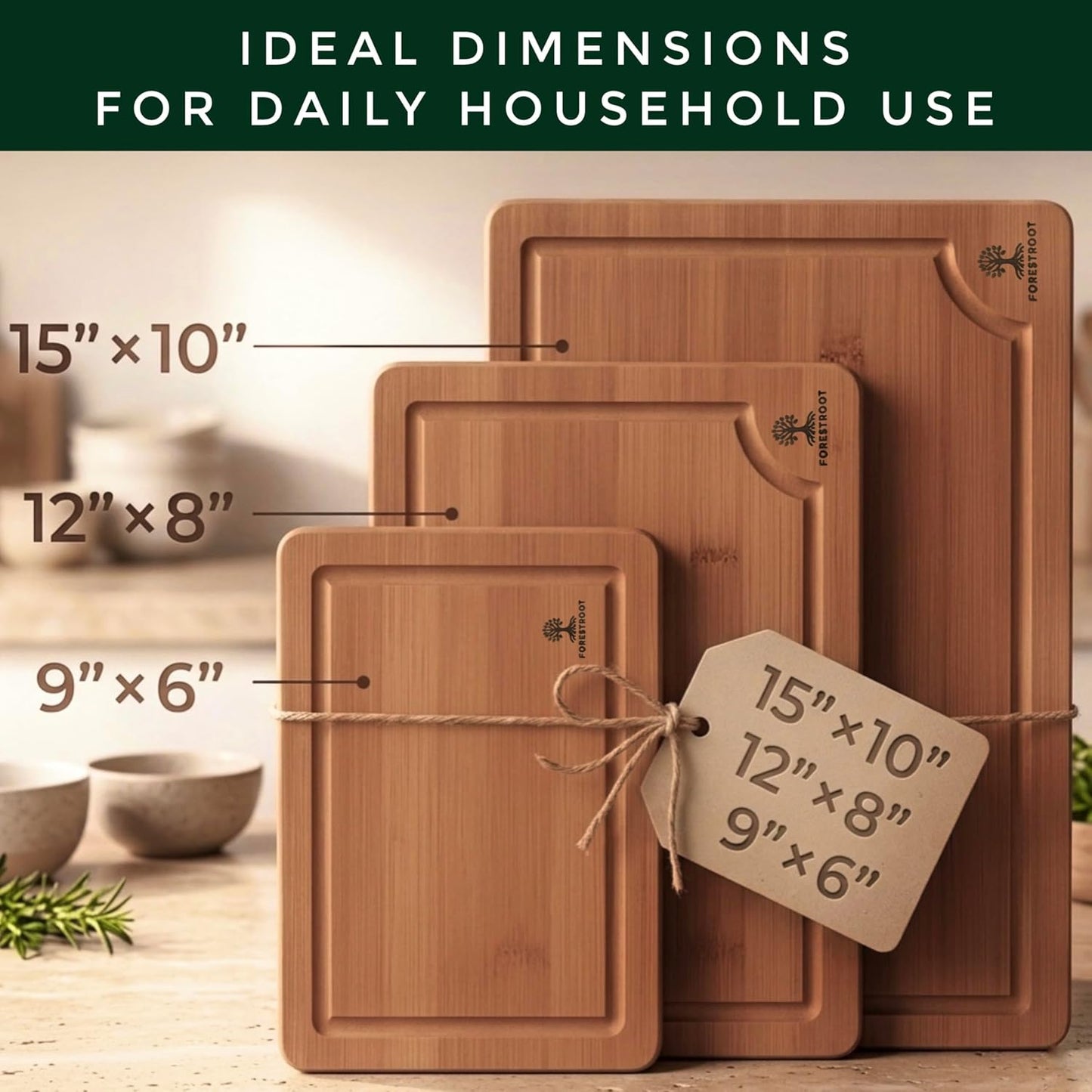 Premium End Grain Bamboo Cutting Board for Kitchen, 15 x 10 Inch Heavy Duty Butcher Block with Juice Groove, Built-In Handle, Hanging Hole & Reversible Design for Meat, Vegetables & Fruits