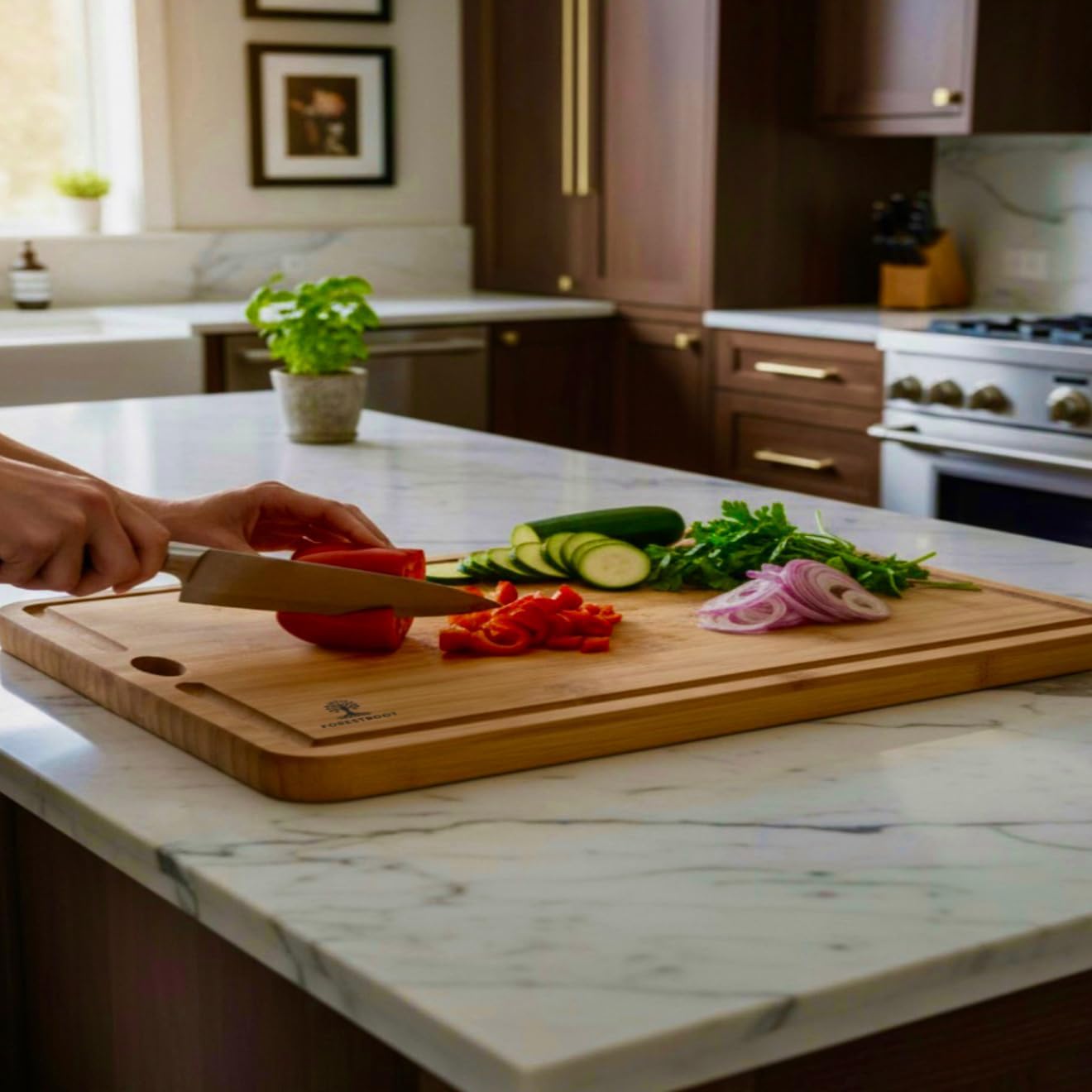 Premium End Grain Bamboo Cutting Board for Kitchen, 15 x 10 Inch Heavy Duty Butcher Block with Juice Groove, Built-In Handle, Hanging Hole & Reversible Design for Meat, Vegetables & Fruits