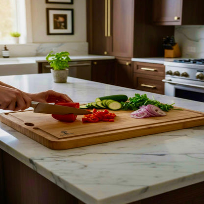 Premium End Grain Bamboo Cutting Board for Kitchen, 15 x 10 Inch Heavy Duty Butcher Block with Juice Groove, Built-In Handle, Hanging Hole & Reversible Design for Meat, Vegetables & Fruits