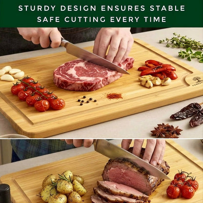 Premium End Grain Bamboo Cutting Board for Kitchen, 15 x 10 Inch Heavy Duty Butcher Block with Juice Groove, Built-In Handle, Hanging Hole & Reversible Design for Meat, Vegetables & Fruits