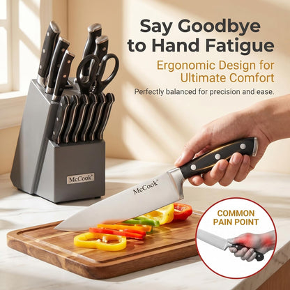 ® Knife Sets,German Stainless Steel Kitchen Knife Block Set with Built-in Sharpener