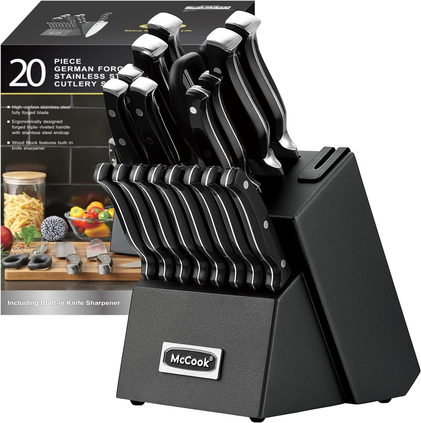 ® Knife Sets,German Stainless Steel Kitchen Knife Block Set with Built-in Sharpener