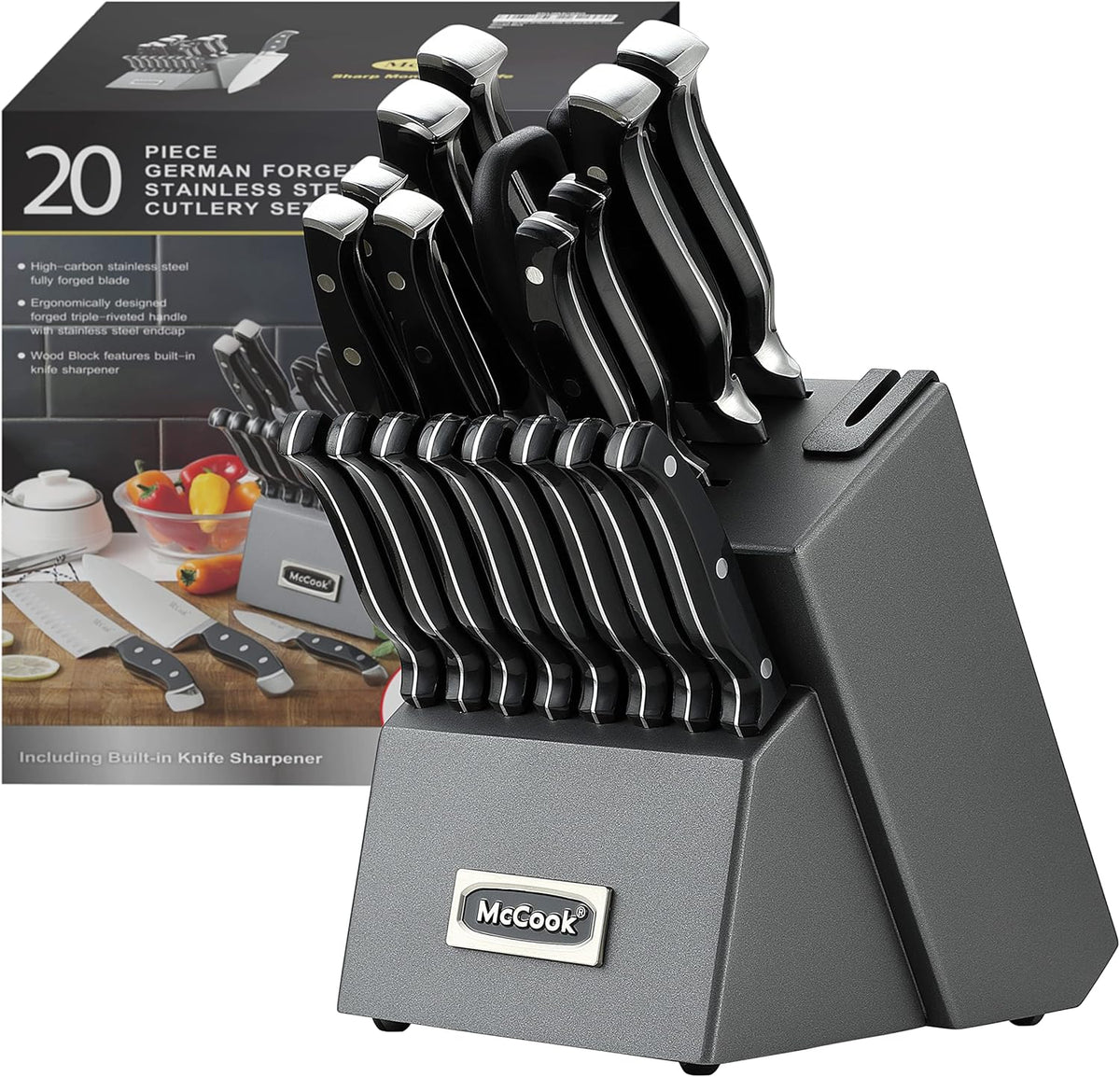 ® Knife Sets,German Stainless Steel Kitchen Knife Block Set with Built-in Sharpener