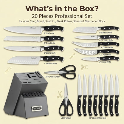® Knife Sets,German Stainless Steel Kitchen Knife Block Set with Built-in Sharpener