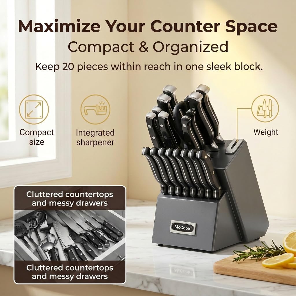 ® Knife Sets,German Stainless Steel Kitchen Knife Block Set with Built-in Sharpener