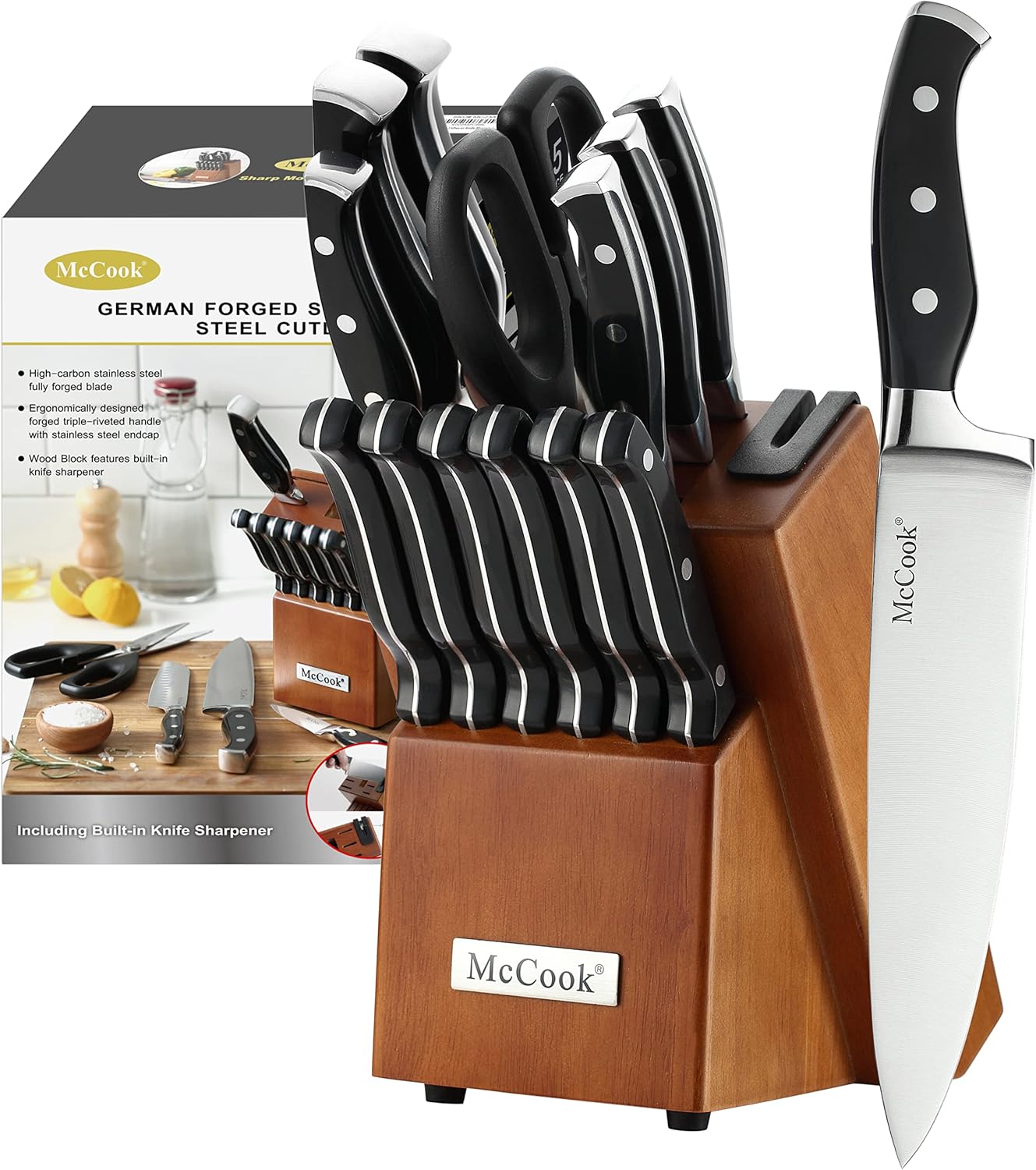 ® Knife Sets,German Stainless Steel Kitchen Knife Block Set with Built-in Sharpener