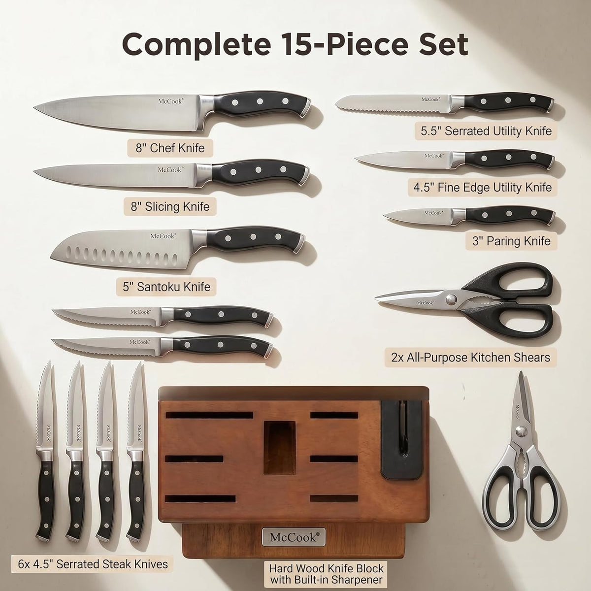 ® Knife Sets,German Stainless Steel Kitchen Knife Block Set with Built-in Sharpener