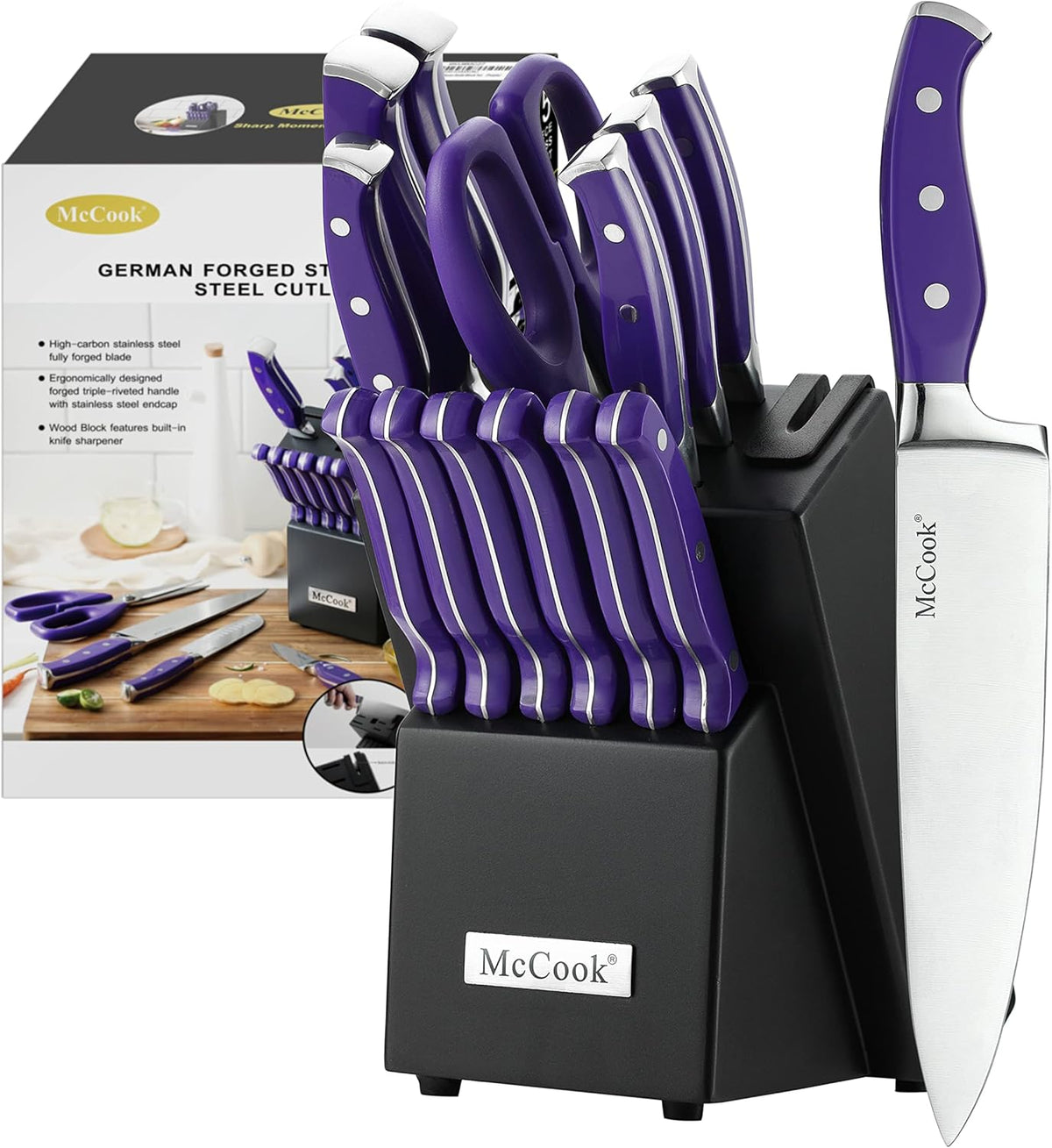 ® Knife Sets,German Stainless Steel Kitchen Knife Block Set with Built-in Sharpener