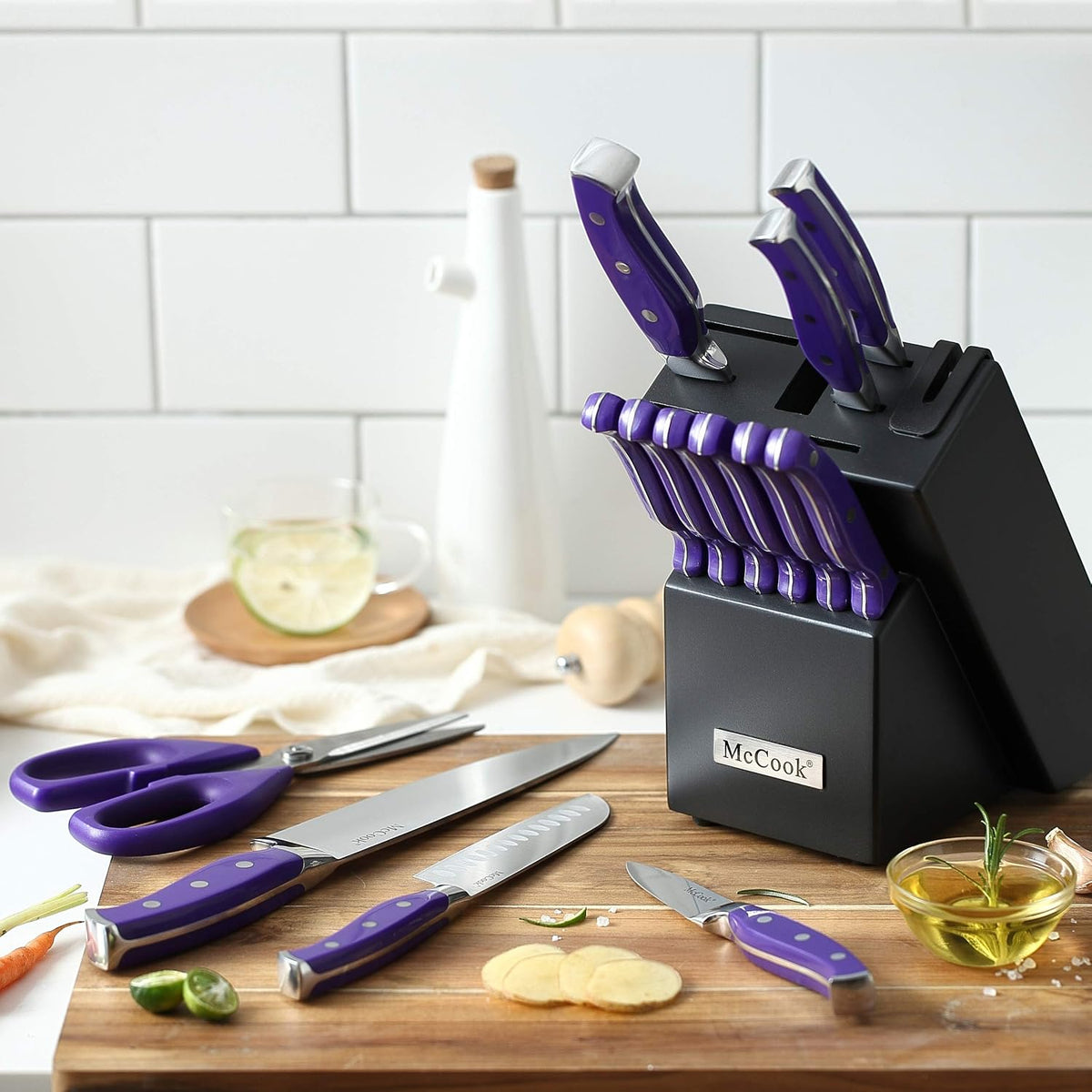 ® Knife Sets,German Stainless Steel Kitchen Knife Block Set with Built-in Sharpener