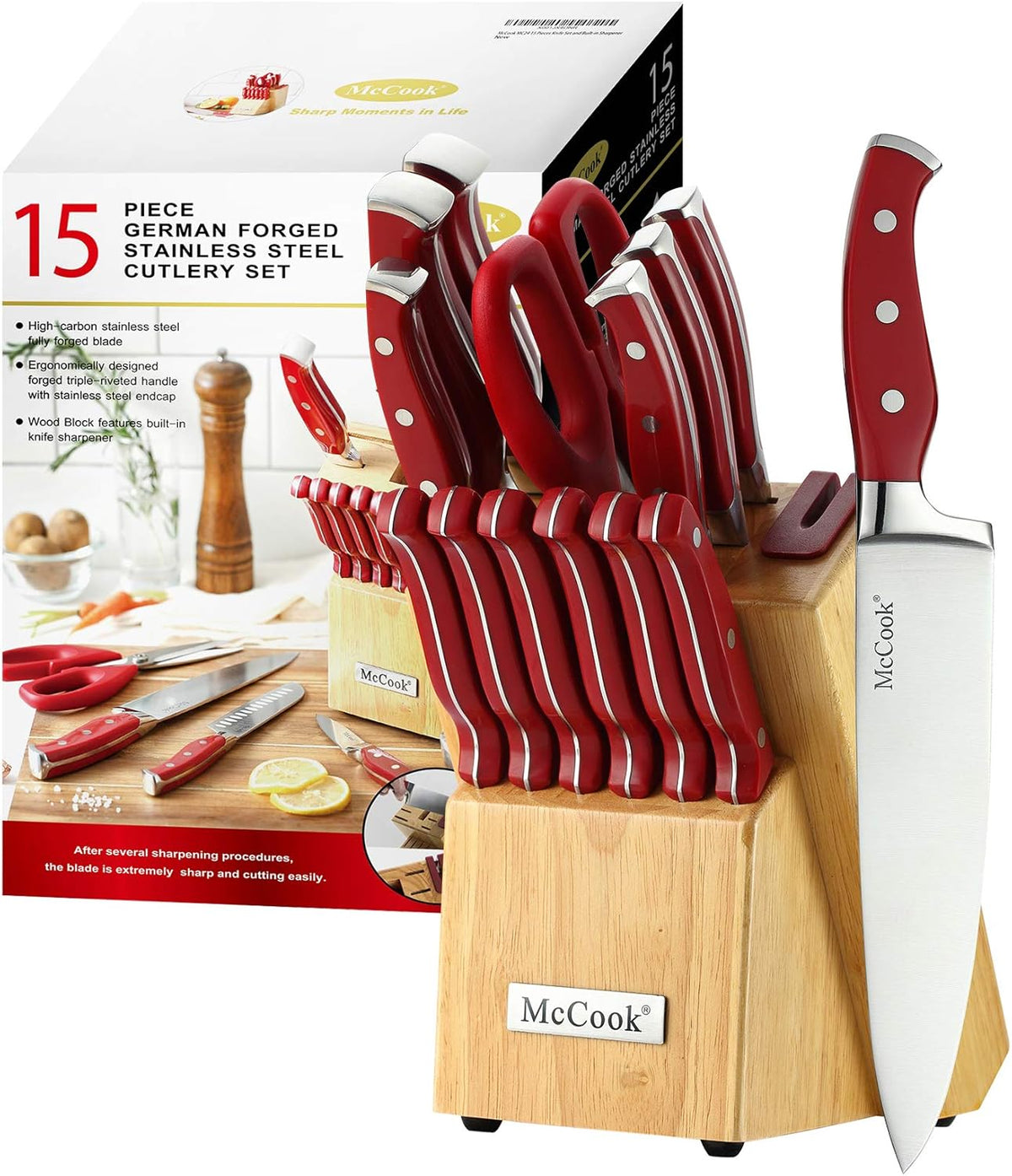® Knife Sets,German Stainless Steel Kitchen Knife Block Set with Built-in Sharpener