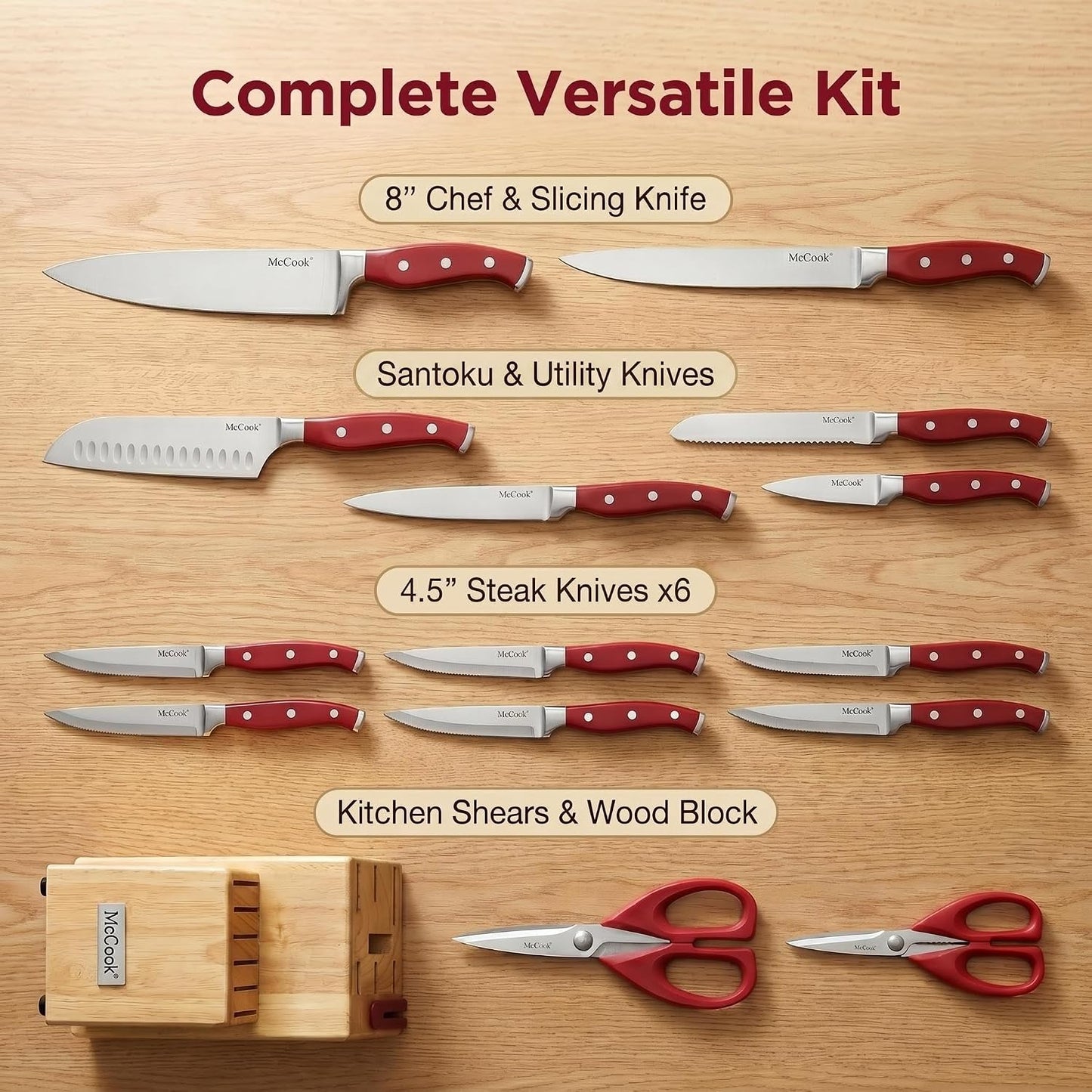 ® Knife Sets,German Stainless Steel Kitchen Knife Block Set with Built-in Sharpener