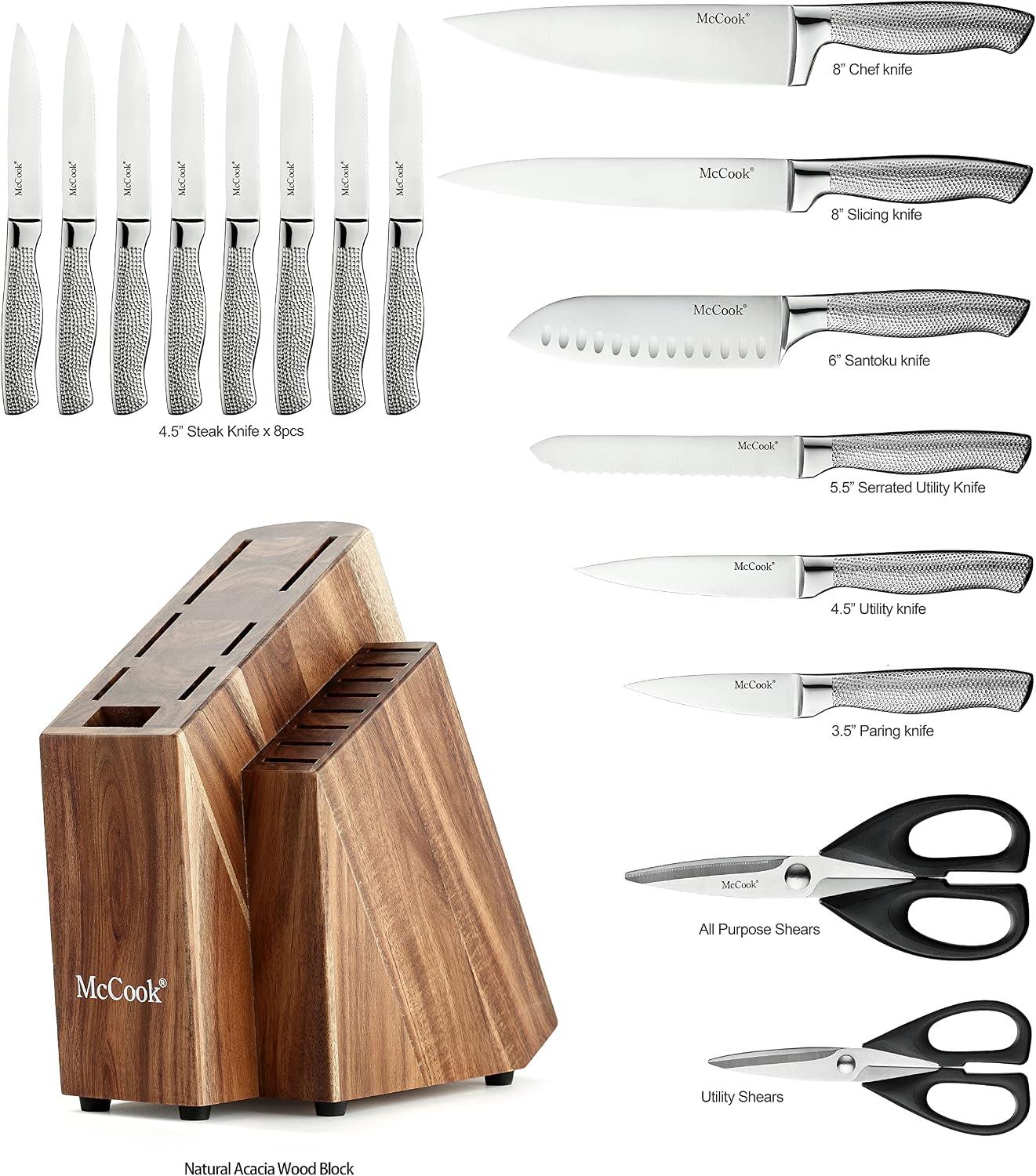 ® Knife Sets,German Stainless Steel Kitchen Knife Block Set with Built-in Sharpener