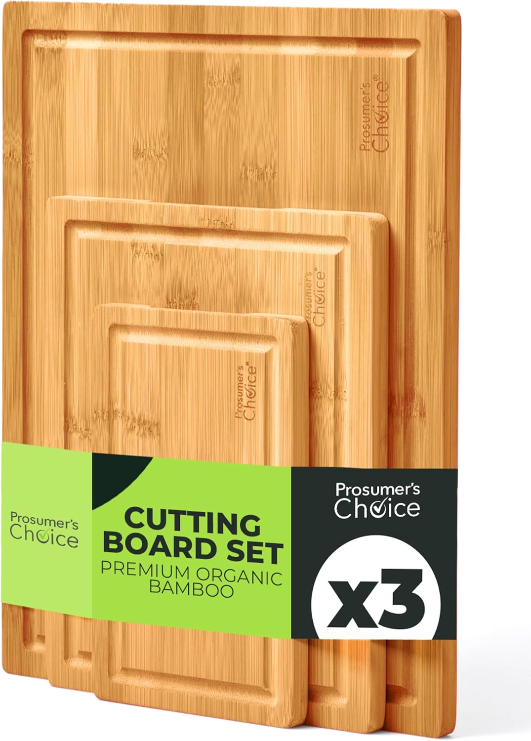 Bamboo Cutting Board Set - Chopping Boards for Kitchen Meal Prep - Set of 3 - Built-In Side Handles, Serving Tray, Cheese Platter - Meat Cutting Boards