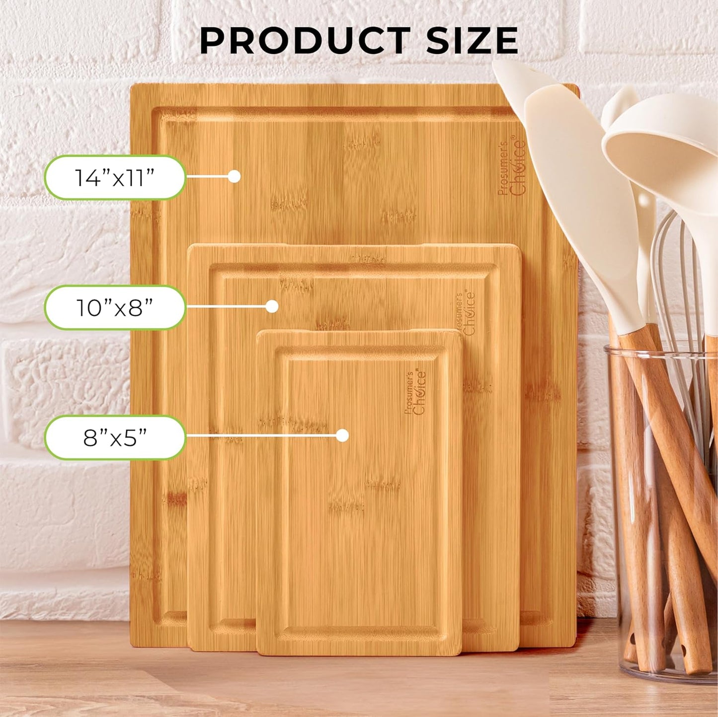 Bamboo Cutting Board Set - Chopping Boards for Kitchen Meal Prep - Set of 3 - Built-In Side Handles, Serving Tray, Cheese Platter - Meat Cutting Boards