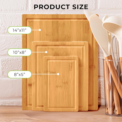 Bamboo Cutting Board Set - Chopping Boards for Kitchen Meal Prep - Set of 3 - Built-In Side Handles, Serving Tray, Cheese Platter - Meat Cutting Boards